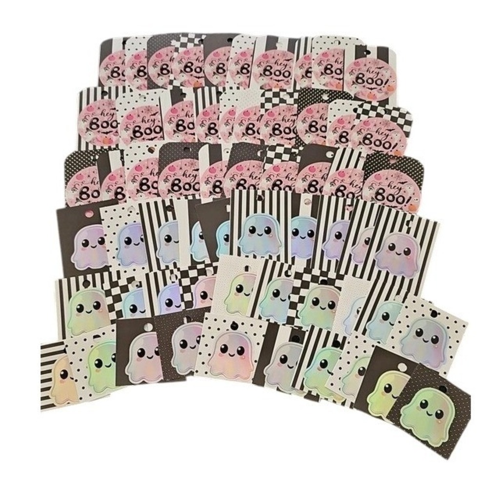 60pc Halloween Ghost Hey Boo Gift Tags Iridescent Spooky Pink Black